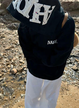 美式复古帽子字母贴布刺绣连帽卫衣男秋季重磅宽松慵懒风情侣外套