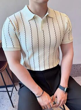 波浪条纹针织冰丝polo衫男短袖夏季薄款舒适透气弹力修身翻领t恤