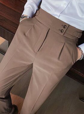 法式那不勒斯休闲西裤男士高级感商务男装潮牌高腰直筒西装长裤子
