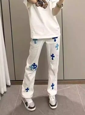 美式街头网红复古刺绣经典贴皮十字架白色牛仔裤男女宽松直筒长裤