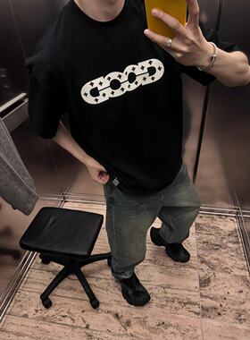 朱志鑫同款镂空彩钻立体印花小领口短袖T恤男情侣款网红纯棉体恤