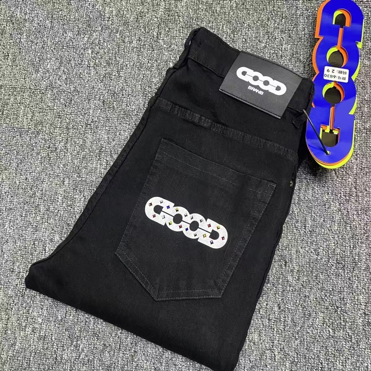 新款美式烫钻修身牛仔裤男士青少年直筒显瘦百搭轻奢休闲长裤子潮