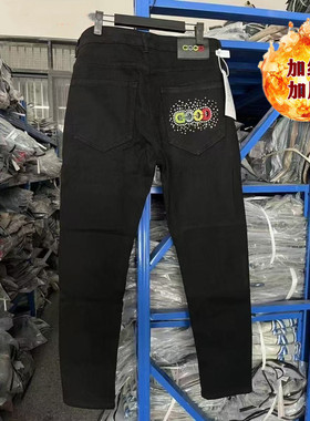 美式水洗彩色GOOD字母刺绣加绒牛仔裤春秋季潮流修身高端轻奢长裤