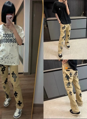 2025新款潮牌牛仔裤高街水洗美式重工十字架男女同款宽松直筒长裤