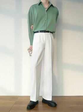 夏季垂感滑料免烫西裤男士直筒宽松长裤韩版白色西装裤阔腿休闲裤