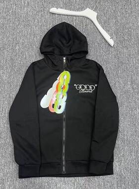 国潮美式珍珠字母GOOD开衫连帽外套男女重磅百搭休闲宽松情侣卫衣