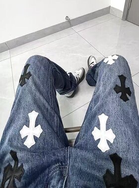 美式复古刺绣十字架高街直筒裤子男女水洗蓝百搭休闲vibe牛仔裤潮