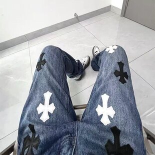 美式复古刺绣十字架高街直筒裤子男女水洗蓝百搭休闲vibe牛仔裤潮