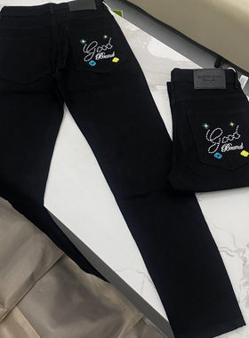 2026新款GOOD小花刺绣牛仔裤男女情侣同款潮牌弹力修身小脚长裤子