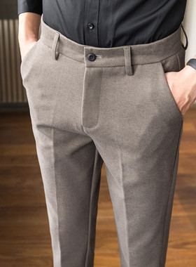 潮牌男士秋冬毛呢裤子简约商务英伦休闲裤男修身垂感呢子西裤直筒
