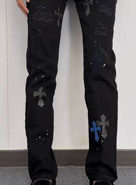 广州版本十字架烫钻牛仔裤男女百搭弹力修身休闲百搭潮流痞帅长裤