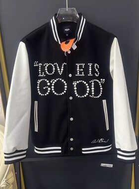 秋冬季经典GOOD毛呢棒球服外套男女宽松珍珠刺绣拼接立领夹克上衣