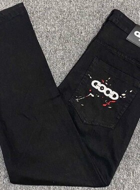韩版GOOD字母刺绣牛仔裤男秋季潮牌泼墨直筒宽松学生百搭长裤子潮