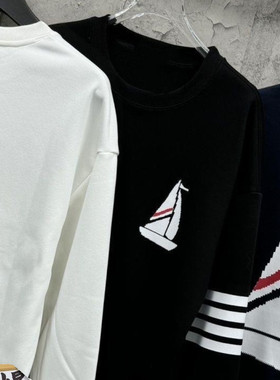 2025风格春季后背帆船图案四条杠休闲圆领套头卫衣男时尚休闲百搭