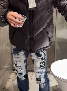 广州版本新款d2假破洞泼墨牛仔裤男女百搭修身弹力休闲痞帅长裤潮