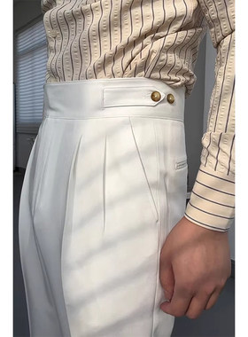 轻熟风那不勒斯纽扣式调节高腰西裤春夏季休闲日常白色免烫长裤男