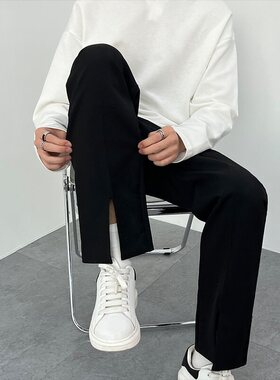 夏季风裤子高级感男士休闲垂坠感西裤设计感开叉直筒宽松西装裤男