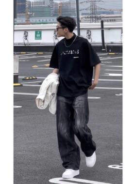 美式高街夏季新款水洗渐变灰色牛仔裤男百搭宽松休闲韩版直筒长裤