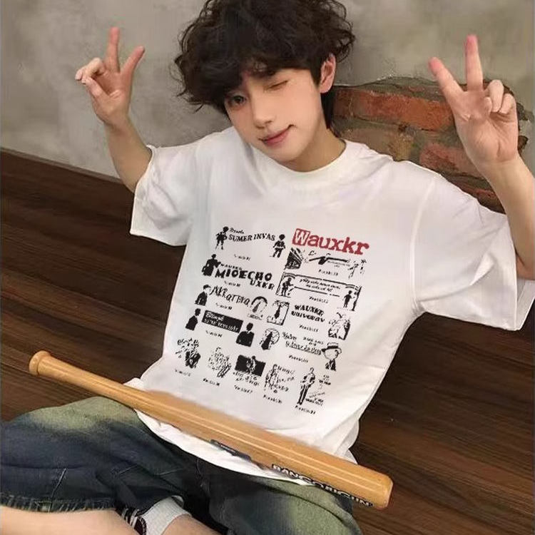 夏季潮牌ins风痞帅字母印花宽松纯棉短袖t恤男夏季重磅圆领上衣服