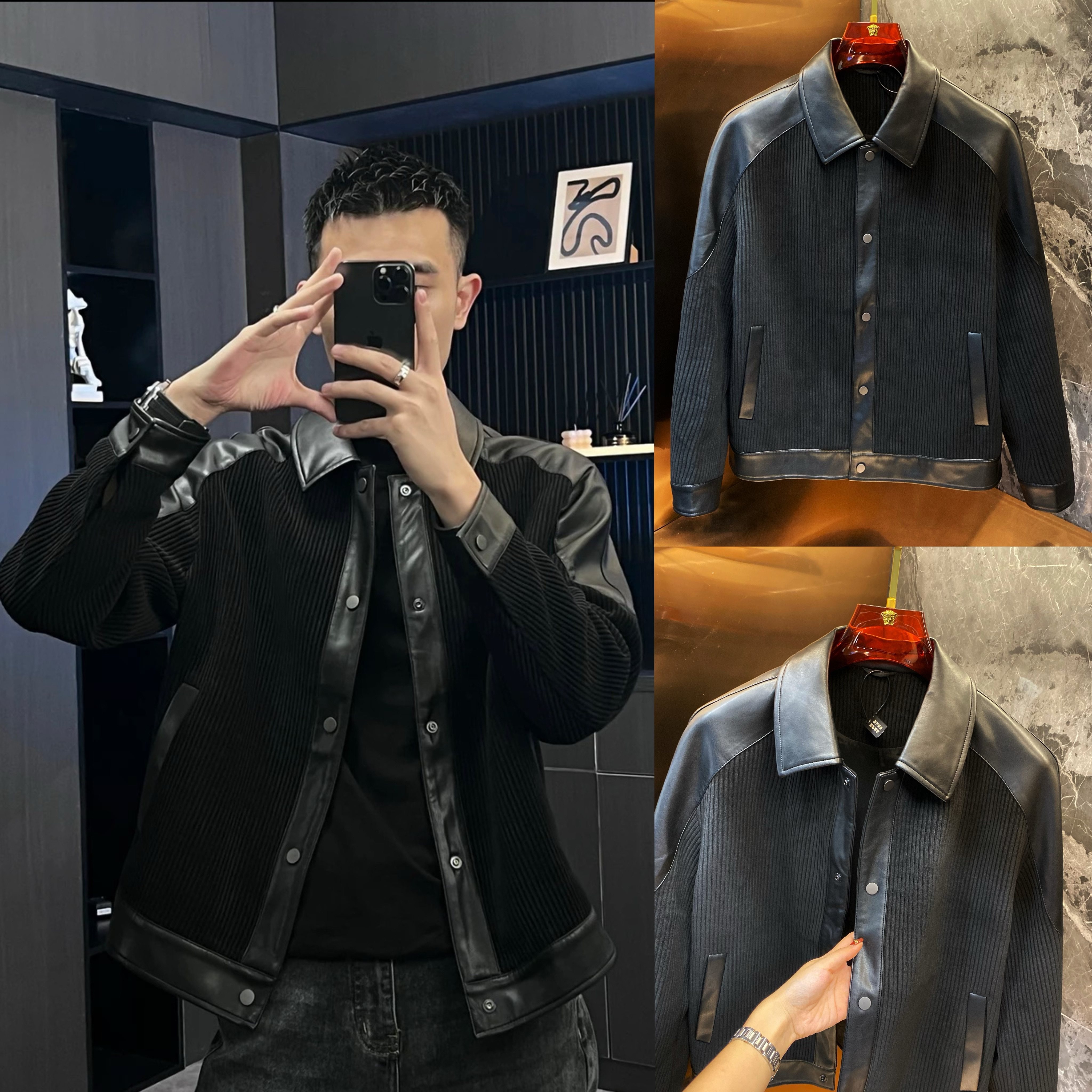秋冬季软pu拼接夹克男翻领宽松短款潮流韩版百搭男款时尚上衣外套