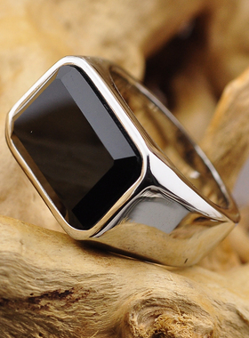 韩版个性男戒钛钢男士黑玛瑙霸气