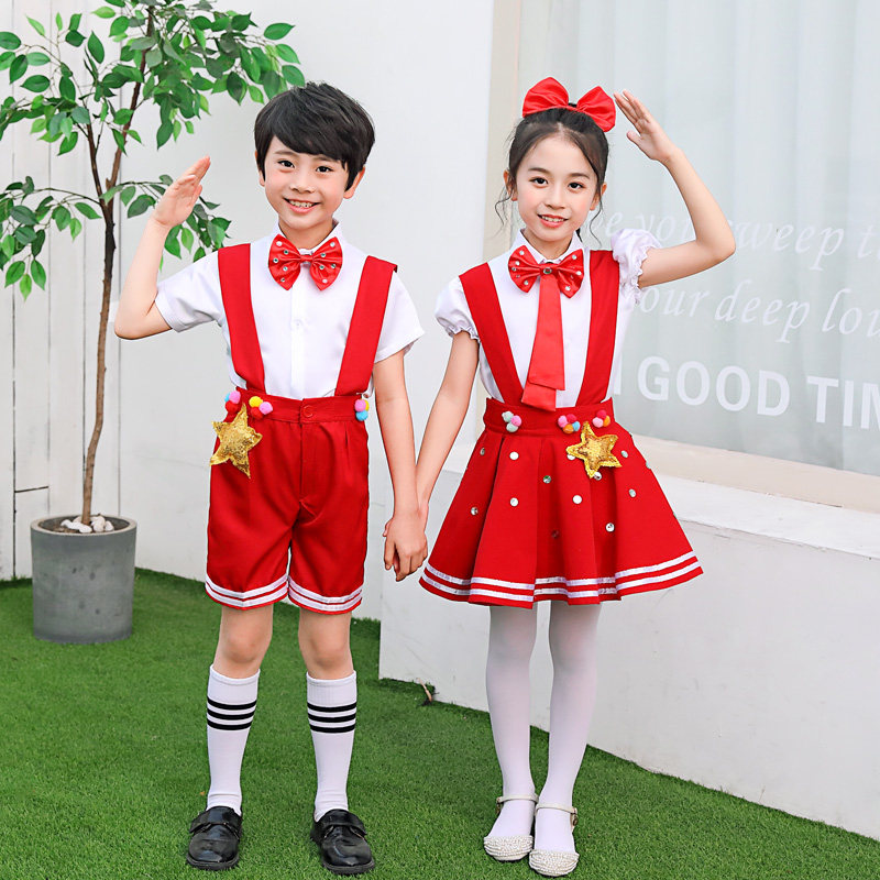 六一儿童合唱服演出服背带裤学生红心向党小红星诗歌朗诵舞蹈表演
