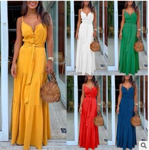 纽扣V领吊带无袖 亚马逊2020夏季 个性 欧美风女装 连衣裙沙滩裙 新款