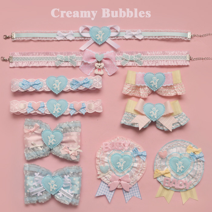Creamy bubbles原创可爱呲甜马卡龙蓝色爱心快乐小熊手作发夹项