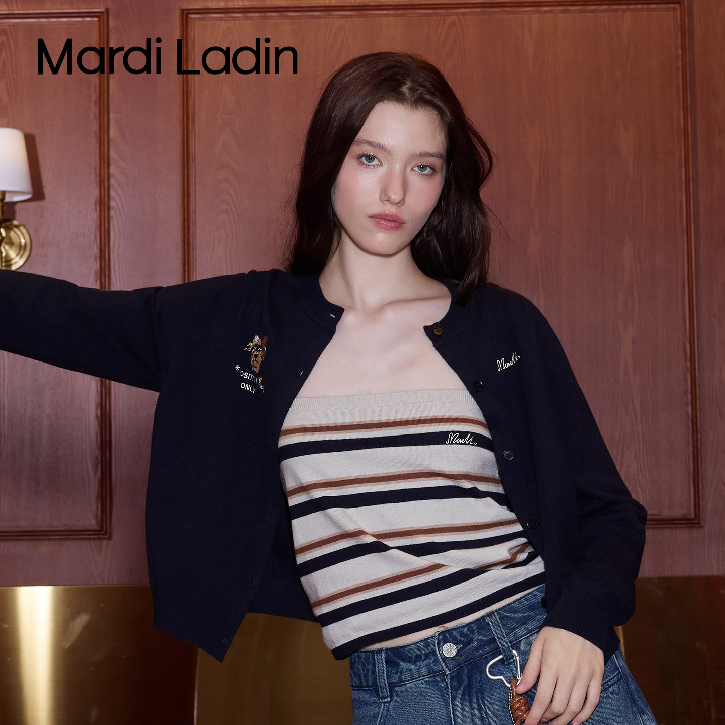 Mardi Ladin黑色休闲外套毛衣女秋季新款宽松显瘦针织衫上衣套装