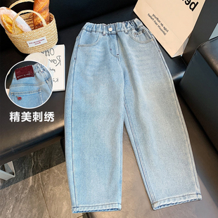 宽松萝卜裤 洋气老爹裤 儿童洋气百搭休闲 冬男女童一体绒牛仔裤 童装