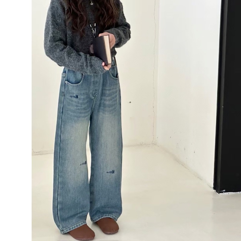 女童刺绣直筒牛仔裤刺绣加绒