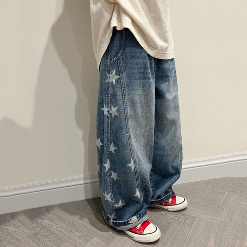 男女童星星印花做旧牛仔裤弯刀裤