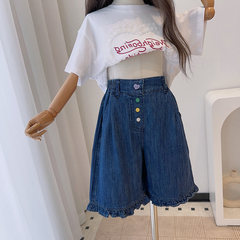 25夏季新款女中大童牛仔中裤儿童韩版休闲五分裤小个子直筒薄短裤