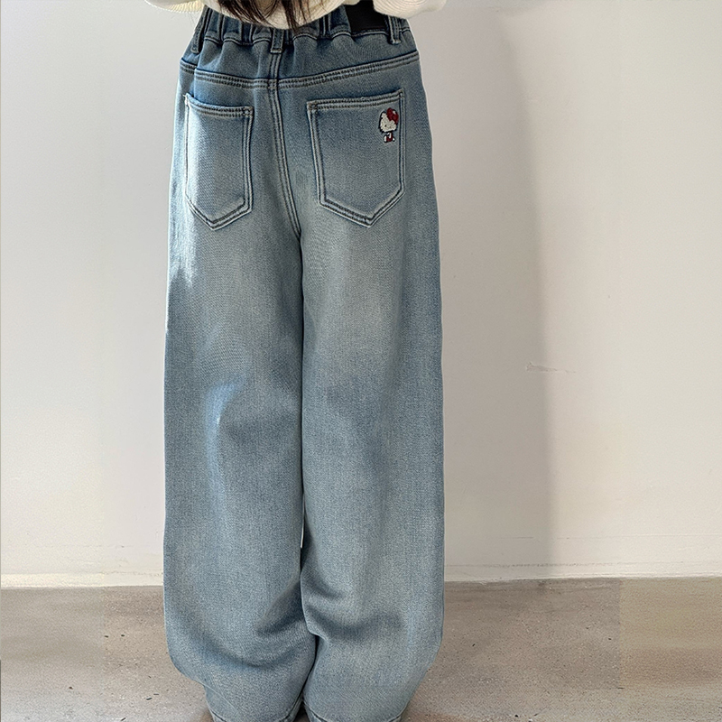 女童KT猫一体绒牛仔裤直筒阔腿裤