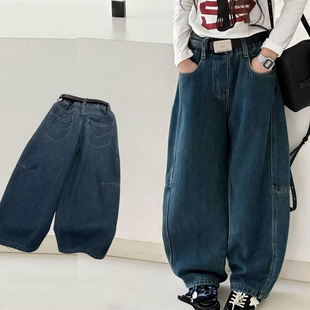百搭女孩加绒阔腿裤 童装 中大童韩版 男童一体绒牛仔老爹裤 宽松 冬装
