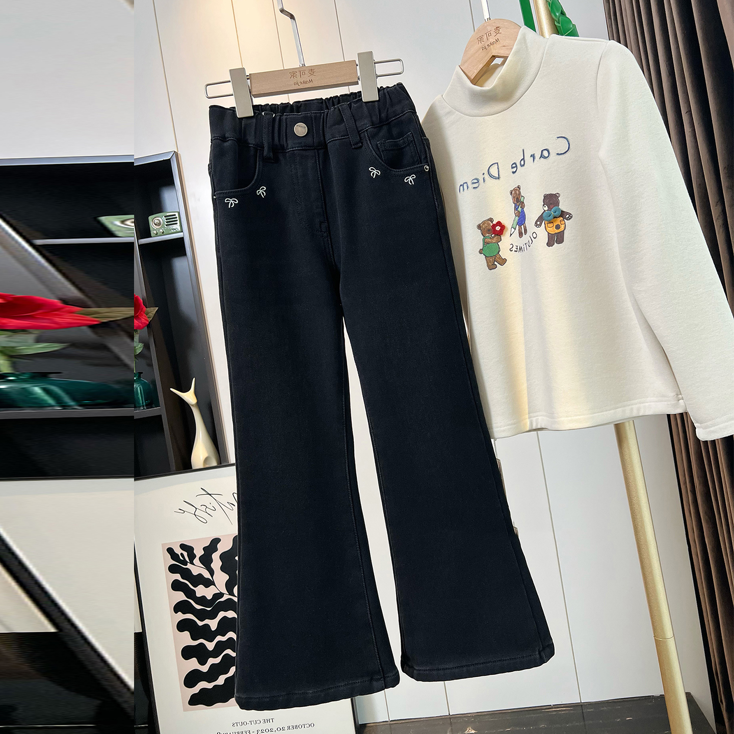 女童一体绒加厚显瘦微喇牛仔裤