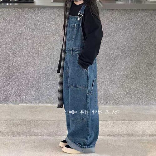 女童牛仔背带裤直筒宽松阔腿秋