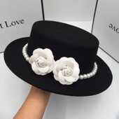 新款 新娘帽子花朵法式 黑色平顶大檐礼帽优雅复古赫本英伦珍珠毡帽