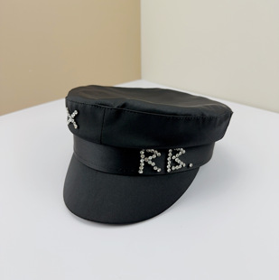 字母绸缎面丝滑报童帽纯手工手缝水钻水手帽子鸭舌八角帽 新款