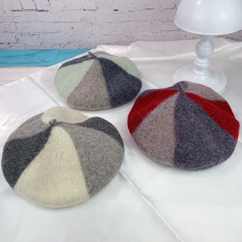 新品羊毛呢拼色贝雷帽秋冬季帽子女韩版潮百搭毛呢画家帽蓓蕾帽子