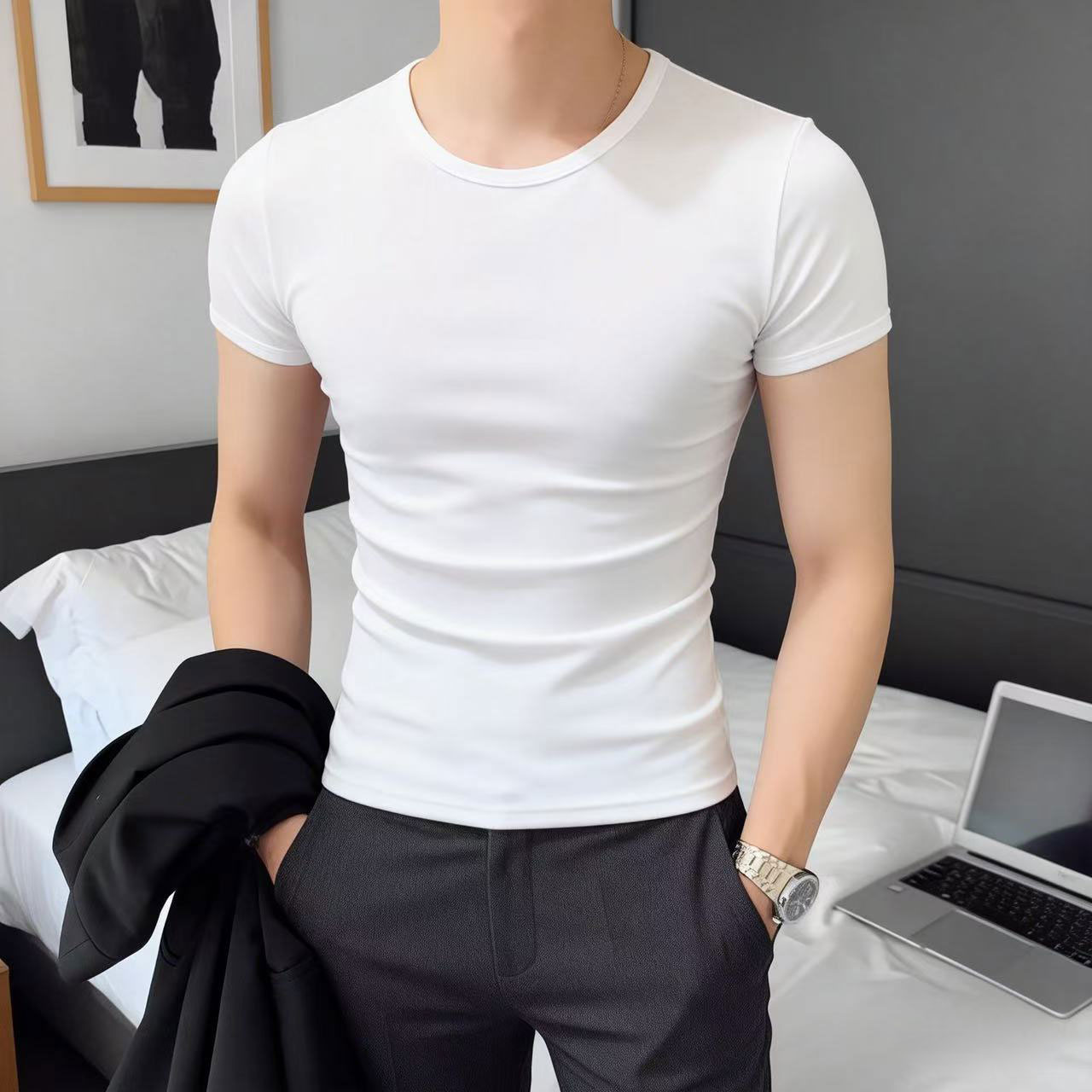 中青年男士ins风运动圆领短袖T恤95%棉紧身半袖打底纯色体恤上衣