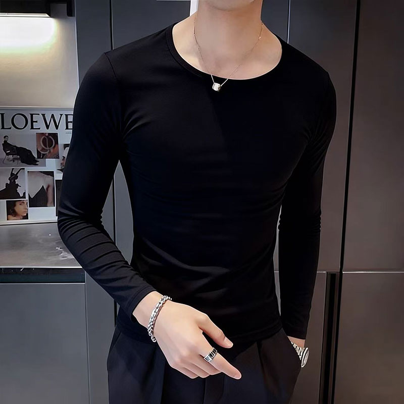 修身弹力95%棉紧身男士长袖T恤2026圆领秋季打底亲肤纯色体恤上衣