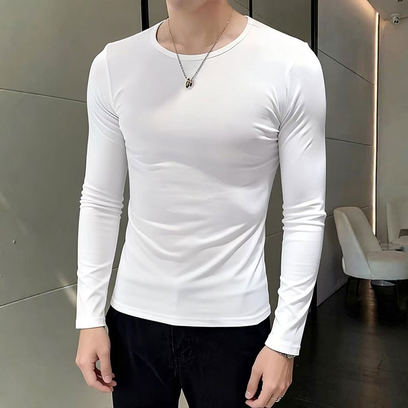 95%棉休闲弹力修身圆领长袖打底紧身T恤男士纯色上衣运动百搭体恤