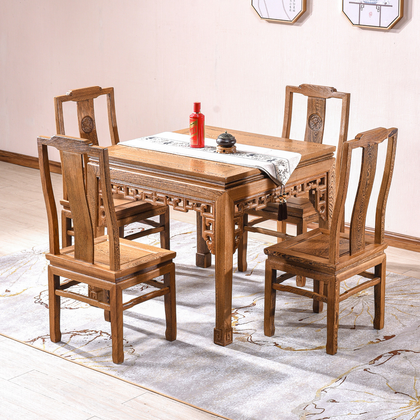 鸡翅木八仙桌传统 红木餐桌正方形 仿古中式实木餐桌椅组合四方桌
