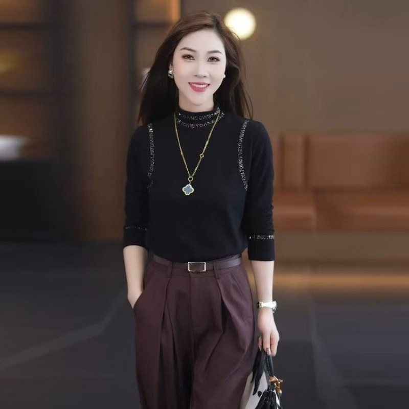 半高领烫钻酒红色打底小衫内搭女秋冬季2025新款上衣女士长袖t恤