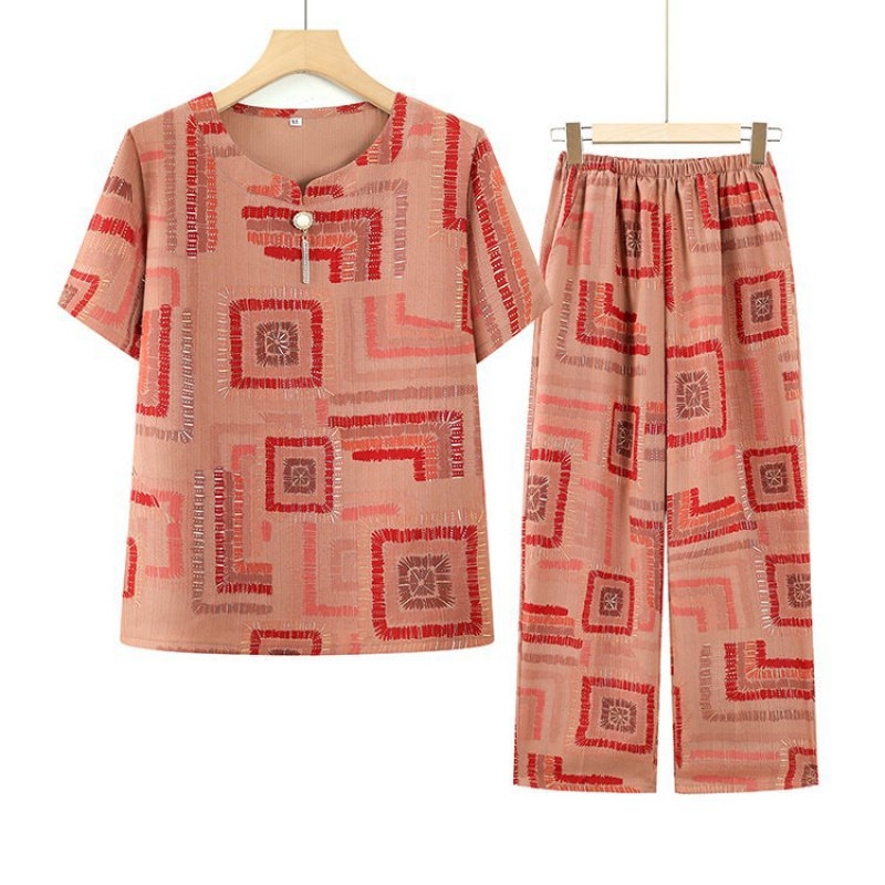 中老年人夏装套装女妈妈短袖棉绸开衫老人衣服奶奶老太太两件套装