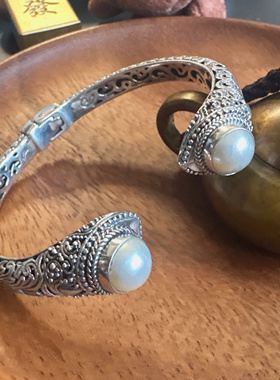 925纯银复古镂空开口白珍珠手镯 纯银手镯