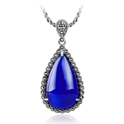 Hong 925 Silver jewelry, silver and old silversmiths hand retro blue corundum Thai silver pendants ladies Ruby pendant