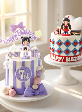 可爱COCO包包女孩蛋糕装饰玩偶摆件卡通紫色蝴蝶结红色生日帽插牌