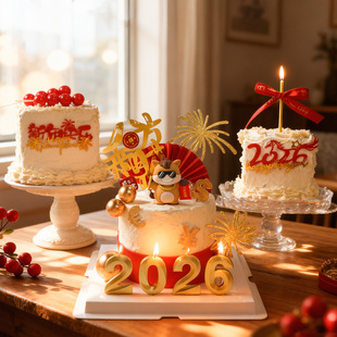 2026新年快乐蛋糕装饰大展宏图小马玩偶摆件网红春节喜庆发财插牌